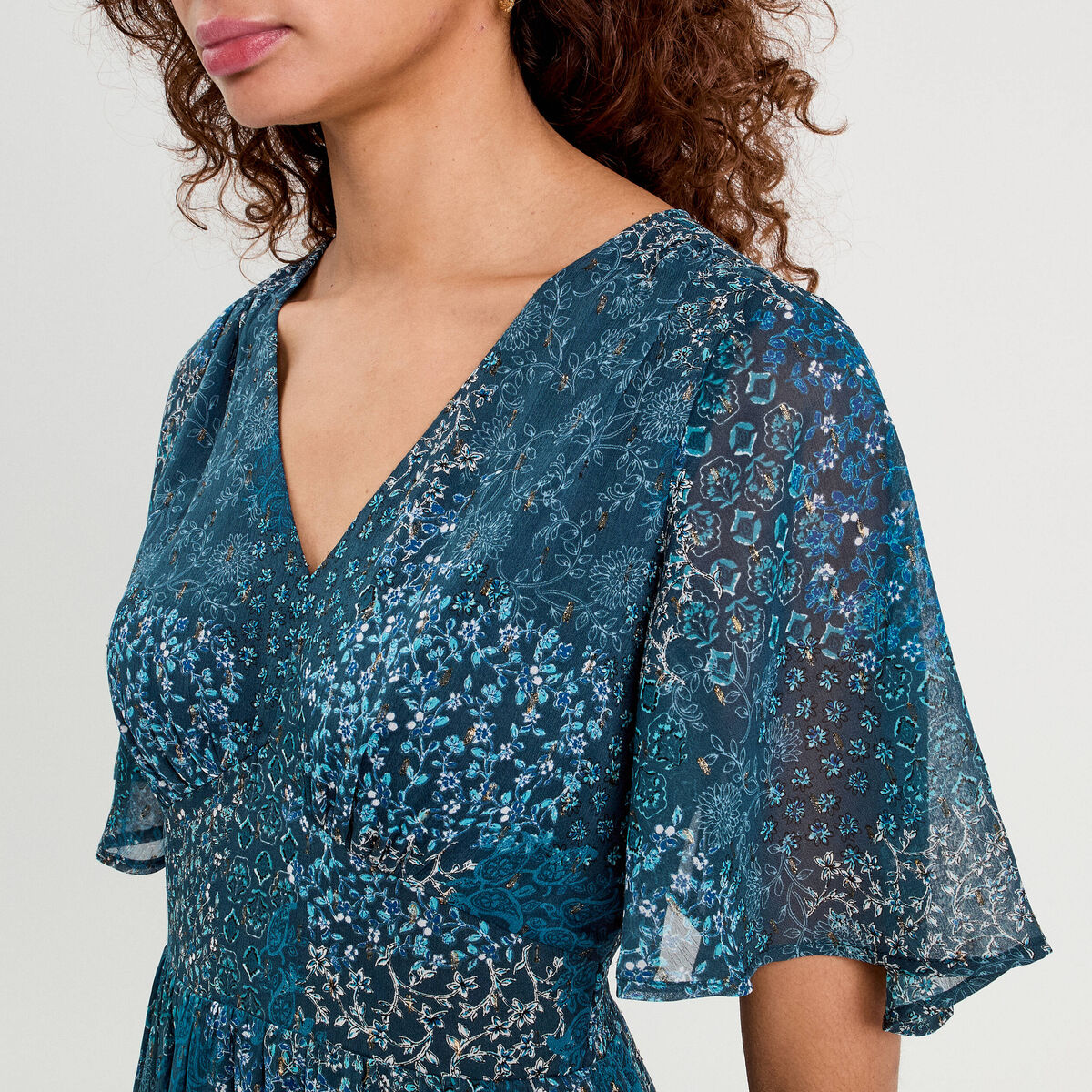 Robe longue évasée col en V bleu foncé femme