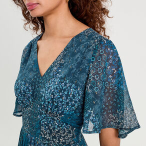 Robe longue évasée col en V bleu foncé femme