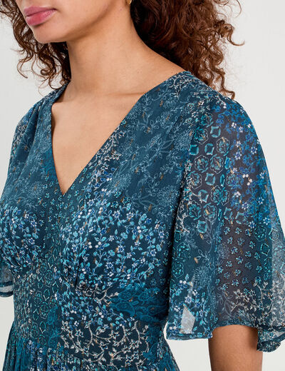 Robe longue évasée col en V bleu foncé femme