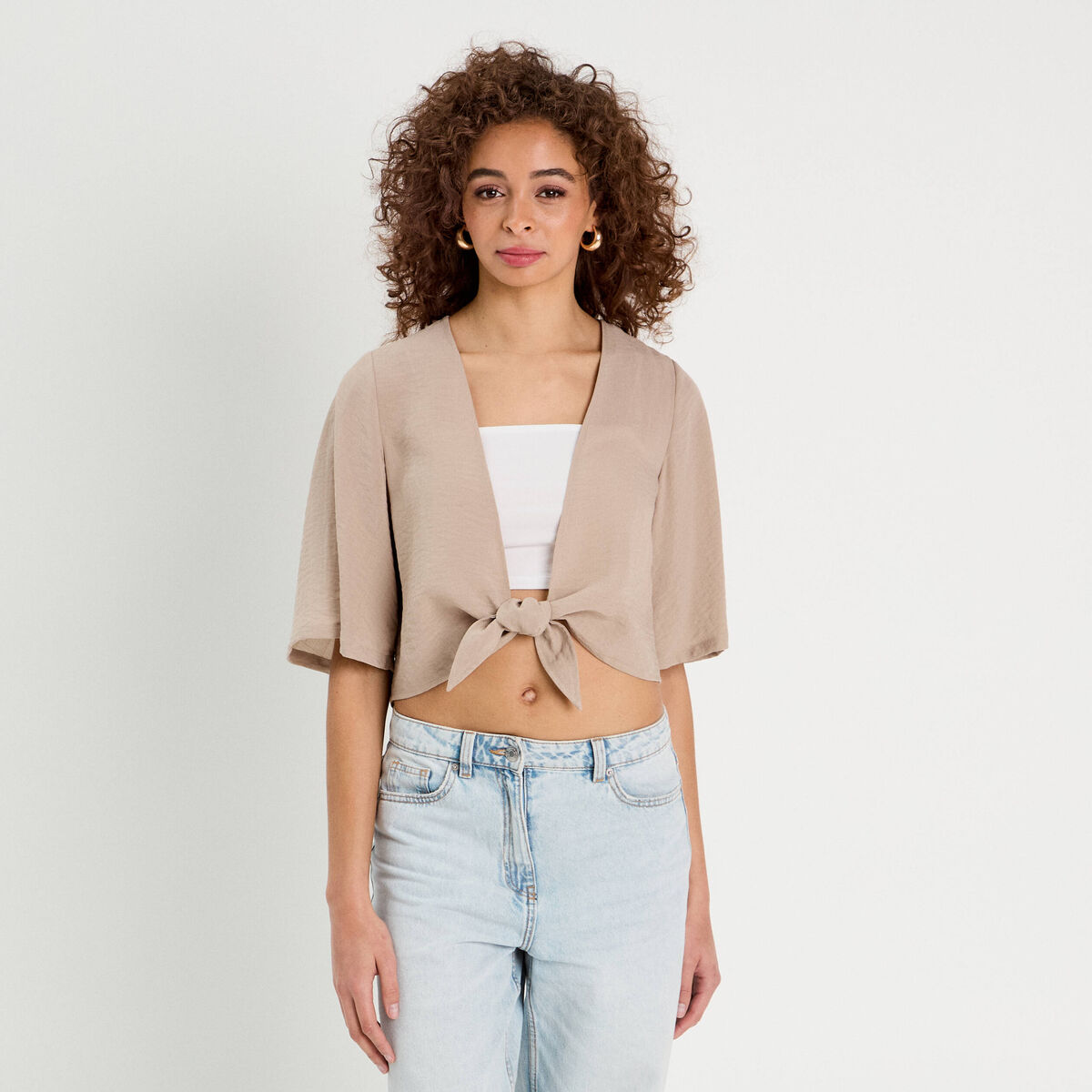 Blouse nou&eacute;e cropped beige femme
