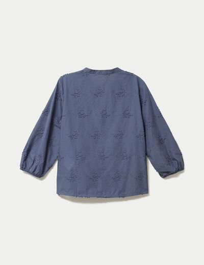 Blouse brod&eacute;e col mao manches 3/4 bleu gris femme