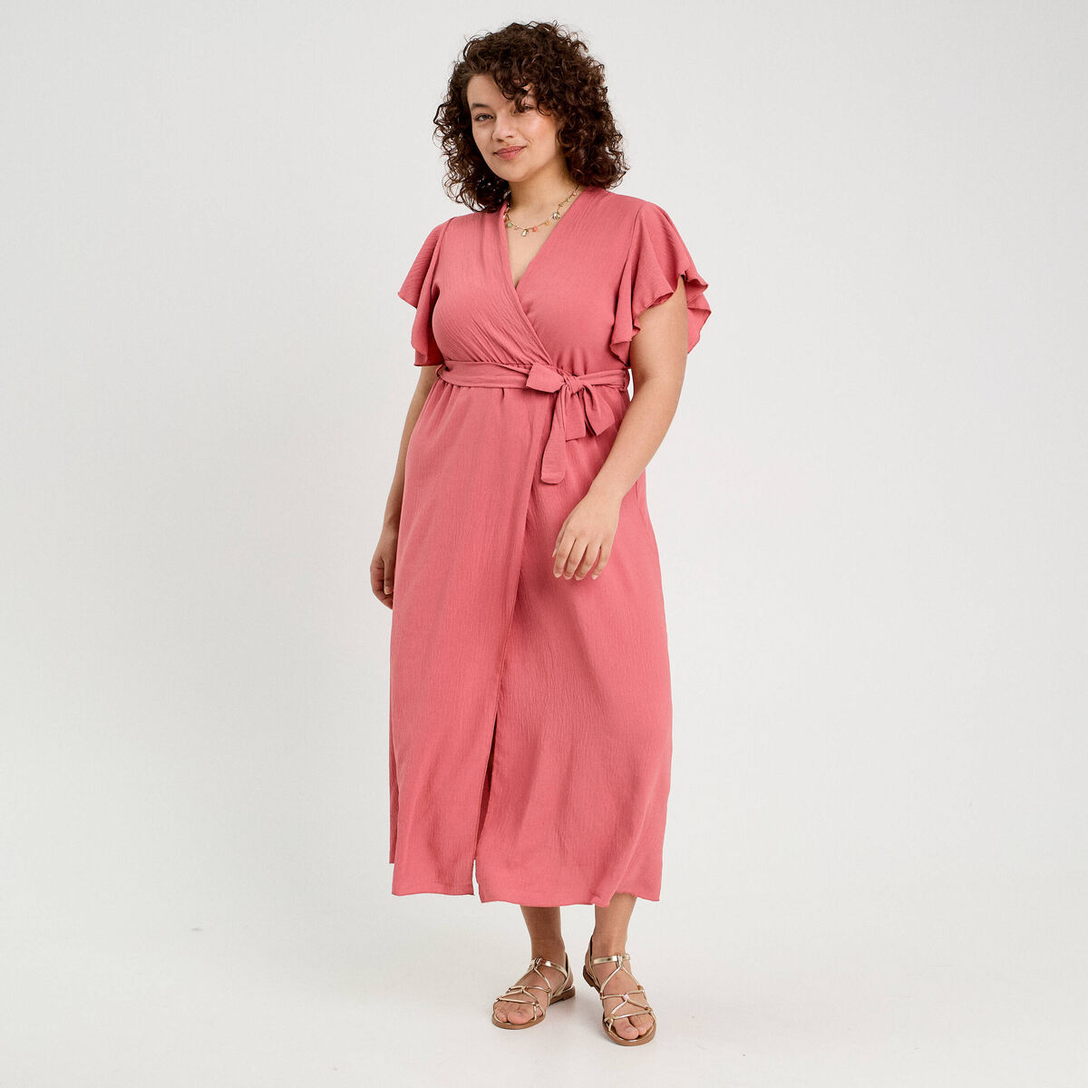 Robe longue évasée cache-coeur vieux rose femme