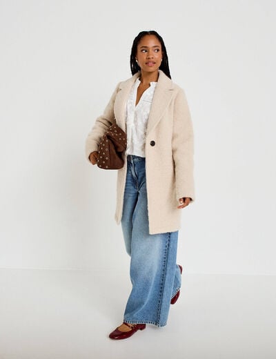 Manteau droit mi-long bouclettes beige femme