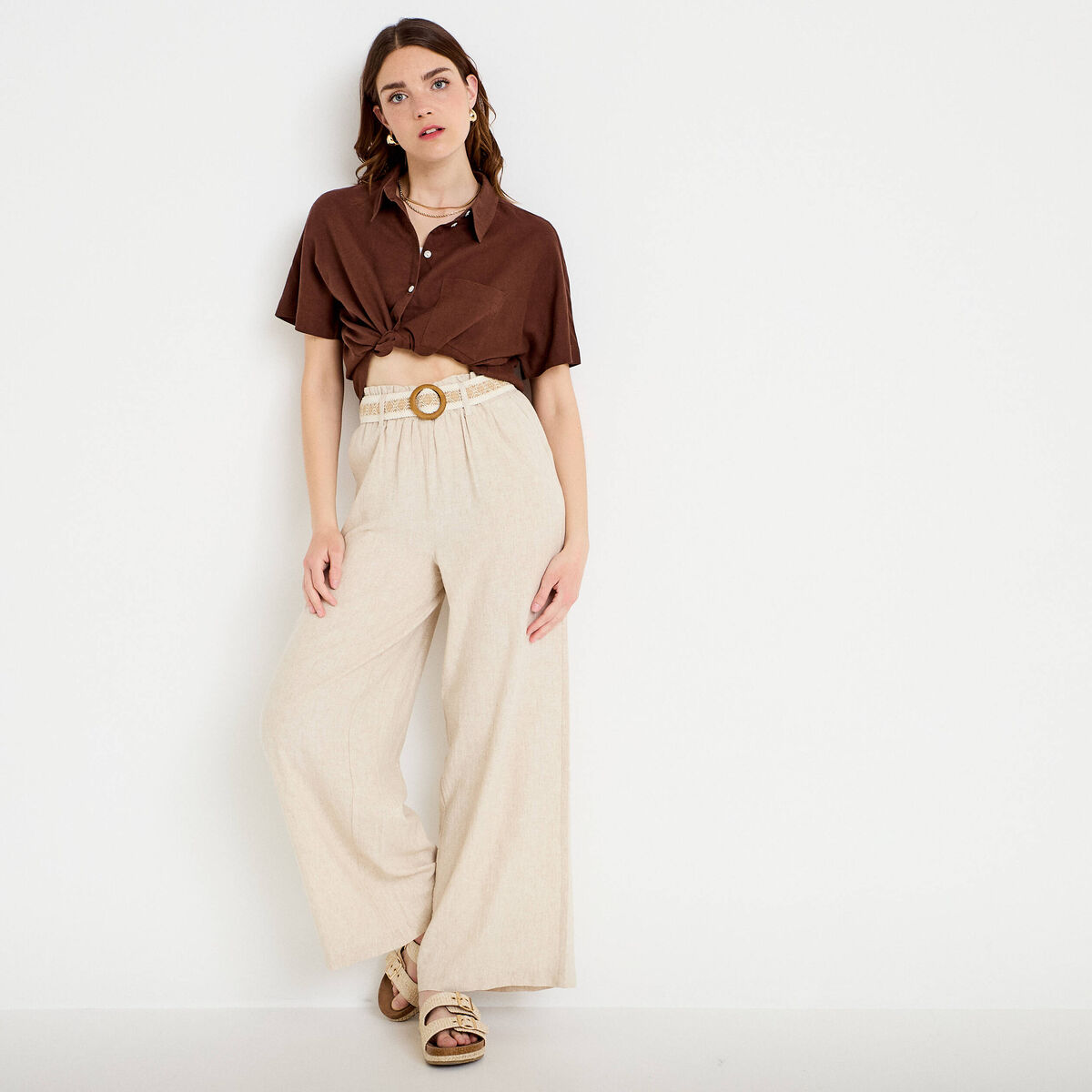 Pantalon large avec ceinture amovible beige femme