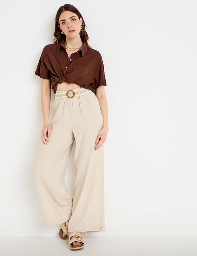 Pantalon large avec ceinture amovible beige femme