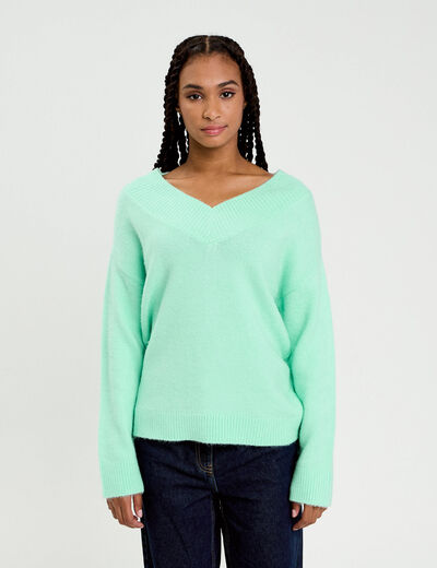 Pull oversize col v manches longues vert menthe femme