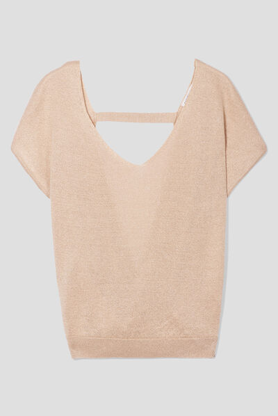 Pull col en V dos ouvert sable femme