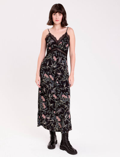 Robe longue droite col v dentelle noir femme