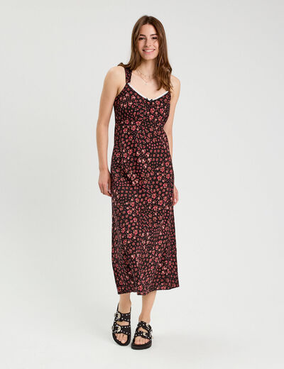 Robe longue évasée rouge corail femme