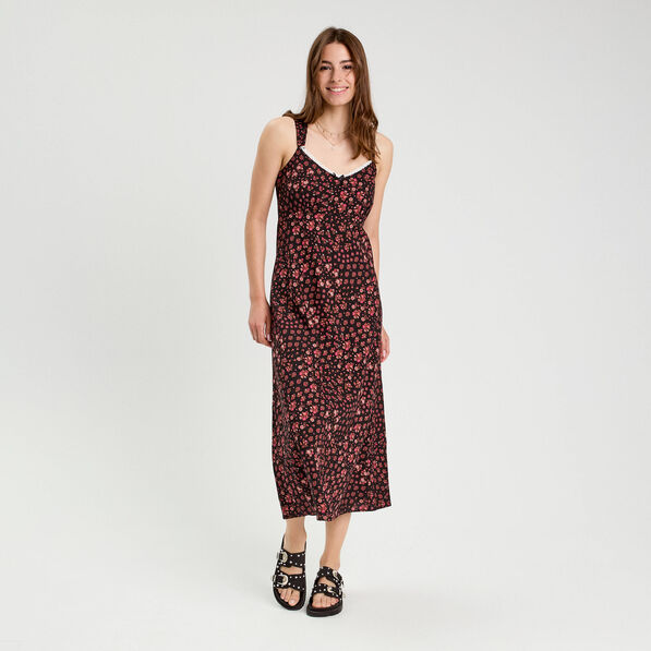 Robe longue évasée rouge corail femme