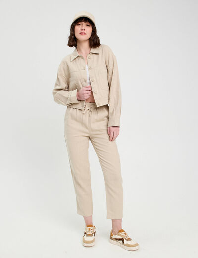 Pantalon carotte contenant du lin beige femme