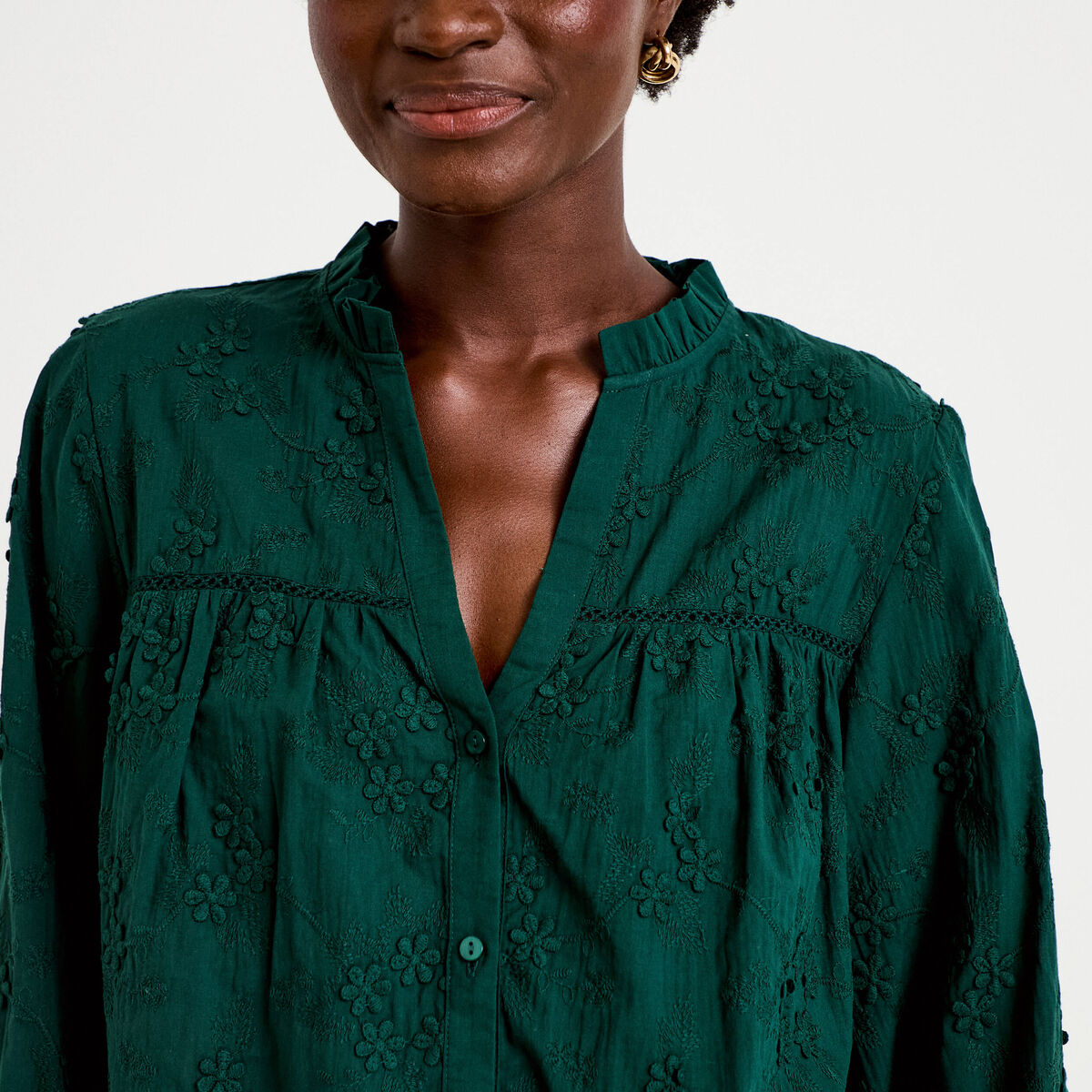 Blouse droite col rond manches longues vert fonc&eacute; femme