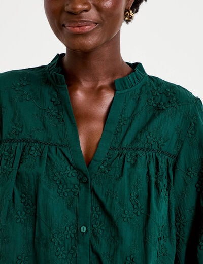 Blouse droite col rond manches longues vert fonc&eacute; femme