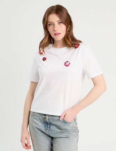 T-shirt détails fleurs sequins blanc femme