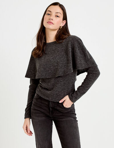 Pull cape col rond manches longues gris fonc&eacute; femme