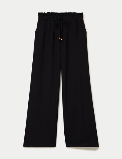 Pantalon large taille haute avec perles noir femme