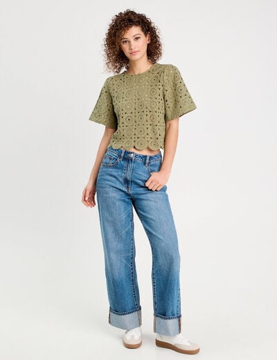 T-shirt macramé col rond vert kaki femme