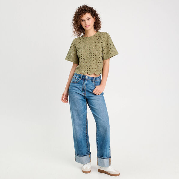 t shirt macrame col rond vert kaki femme T-shirt macramé col rond vert kaki femme