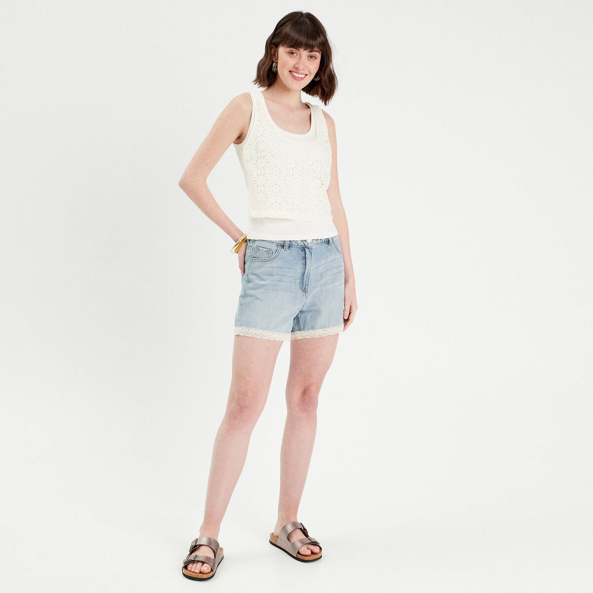 Débardeur 2-en-1 crochet ecru femme
