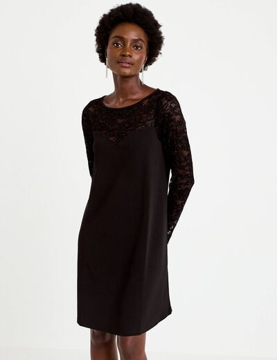 Robe bi-mati&egrave;re courte col rond noir femme