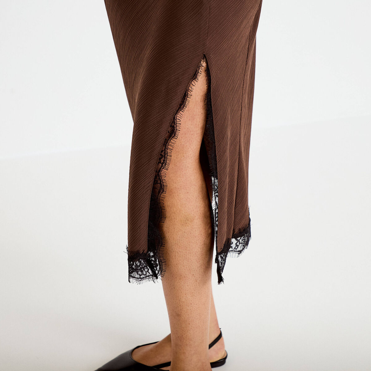 Jupe &eacute;vas&eacute;e 3/4 d&eacute;tail dentelle marron fonc&eacute; femme
