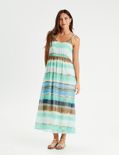Robe longue évasée bretelles bleu femme