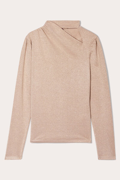 T-shirt col montant beige femme