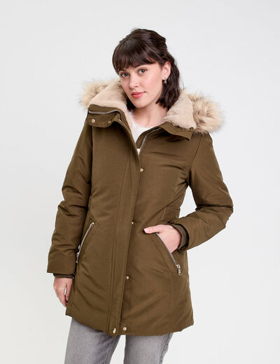 Parka droite avec capuche vert kaki femme