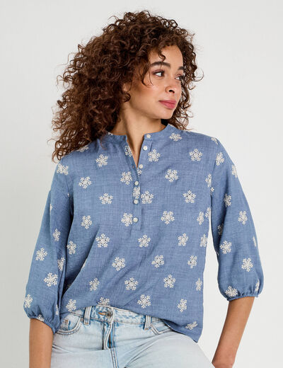 Blouse manches 3/4 brodée bleu femme