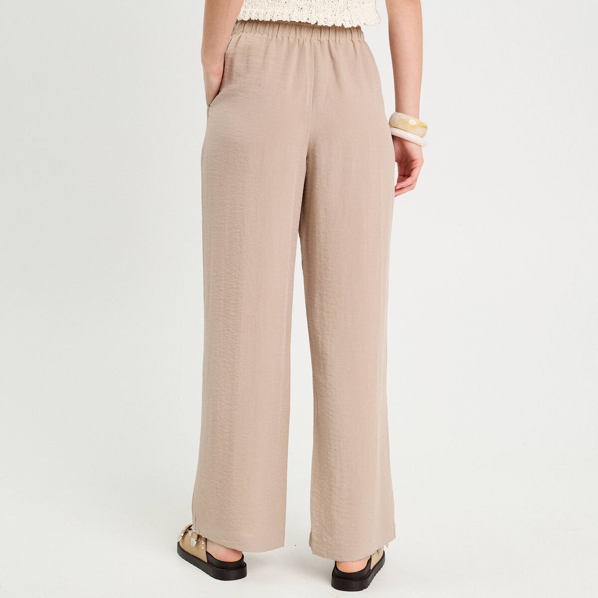 Pantalon large fluide beige femme