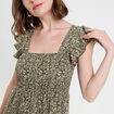 Robe longue évasée smockée vert kaki femme