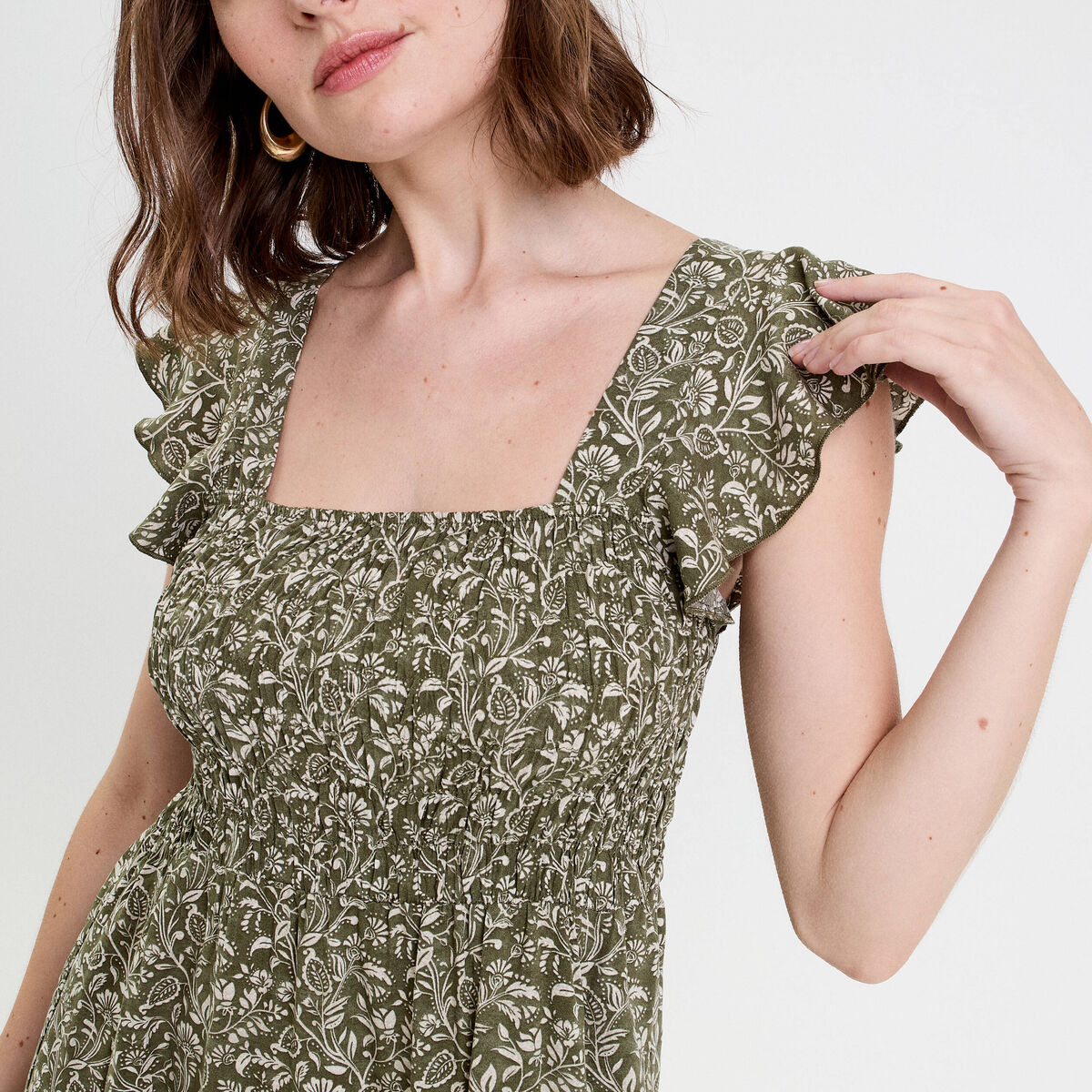 Robe longue évasée smockée vert kaki femme