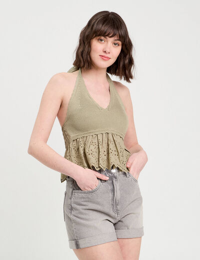 Crop top tricot avec broderie vert kaki femme