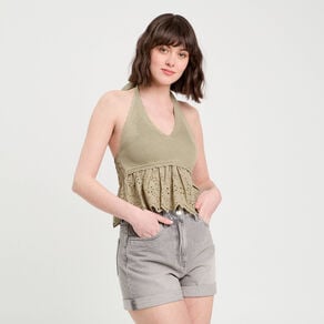 crop top tricot avec broderie vert kaki femme Crop top tricot avec broderie vert kaki femme
