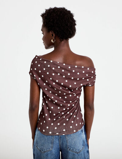 Top pliss&eacute; col bardot sans manches marron femme