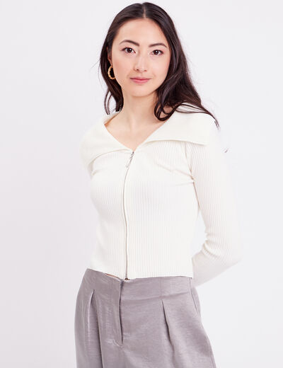 Gilet cropped zippé col bardot ecru femme