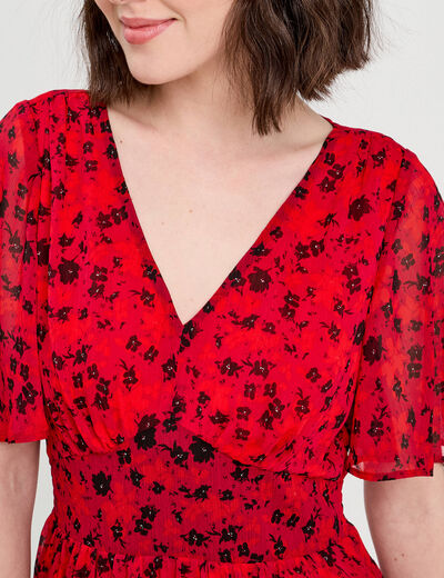 Robe longue évasée col en V rouge femme