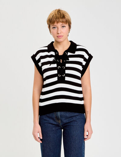 Pull sans manches col chemise noir femme