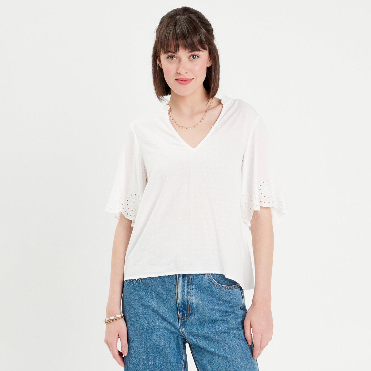Blouse manches courtes brodée blanc femme