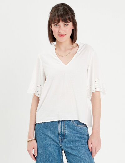 Blouse manches courtes brodée blanc femme