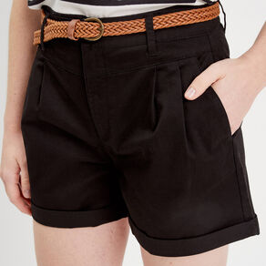 Short chino ceinturé noir femme