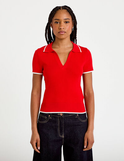 Pull manches courtes col polo rouge femme