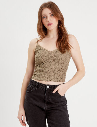 Débardeur cropped macramé vert kaki femme