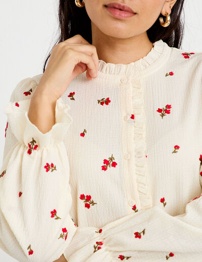 Chemise droite broderie manches longues ecru femme