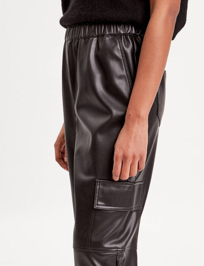 Pantalon cargo simili cuir noir femme