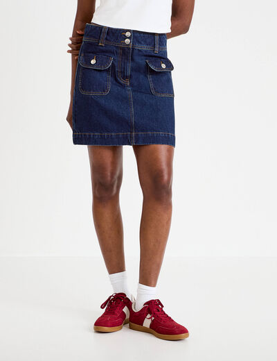 Jupe trap&egrave;ze courte en jean avec poches denim brut femme
