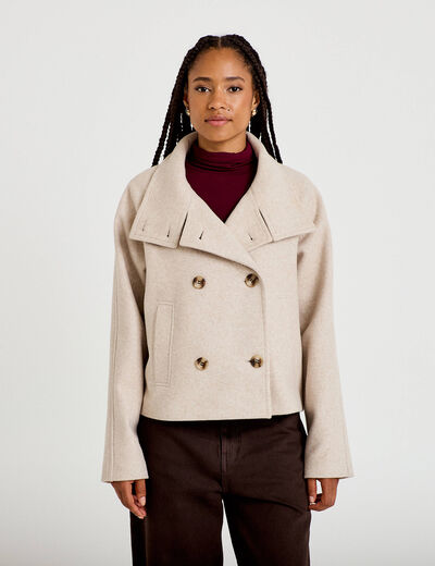 Veste chin&eacute;e col montant manches longues beige femme