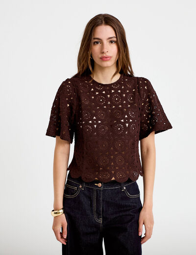 T-shirt macram&eacute; col rond marron fonc&eacute; femme