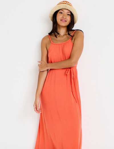 Robe longue &eacute;vas&eacute;e sans manches rouge corail femme