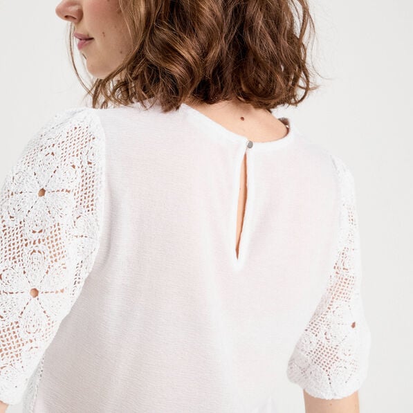 t shirt dentelle macrame blanc femme T-shirt dentelle macramé blanc femme